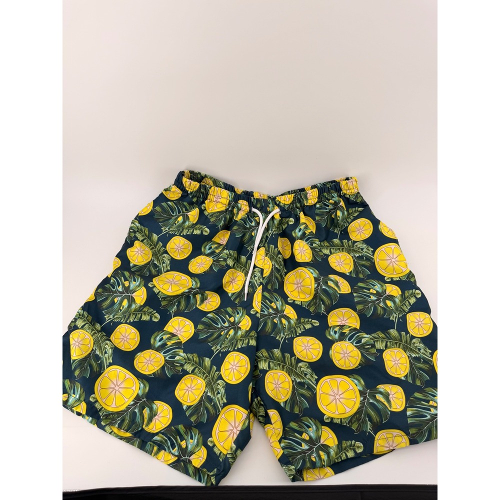 Mens Tropical Lemon Monstera Leaf Print Swim Trunks Navy Blue Yellow Summer S